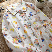 100%A类纯棉双层棉纱条纹小狗四季 女家居睡衣套装 长袖 翻领开衫