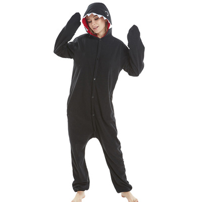 黑鲨鱼动物卡通连体睡衣摇粒绒长袖情侣睡衣秋冬季家居服