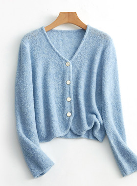 思诺芙德V领绵羊毛开衫女26春季新款蓝色显瘦针织衫外套气质毛衣
