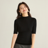 黑色精纺春夏短袖 针织衫 半高领一线成衣 女半袖 思诺芙德羊毛衫