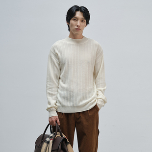 思诺芙德半高领100%山羊绒衫男25秋冬新款休闲竖纹白色针织毛衣