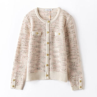 思诺芙德100%绵羊毛外套女小香风重磅花纱针织开衫秋冬季圆领毛衣