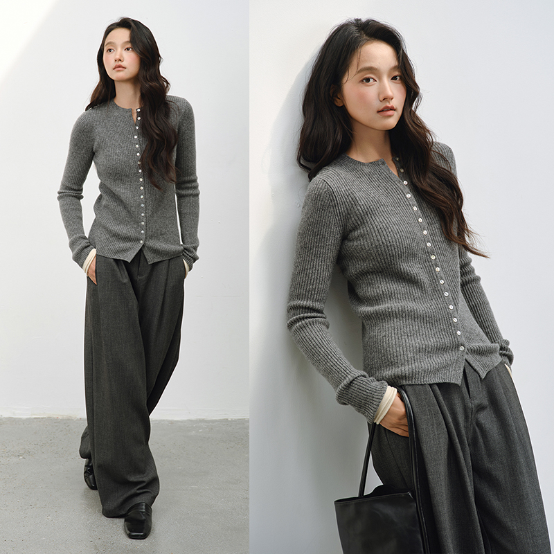 思诺芙德圆领拼色100%山羊绒开衫