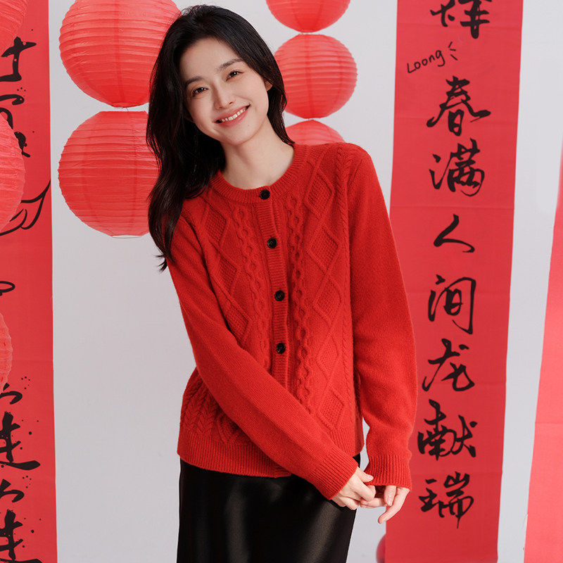思诺芙德100%山羊绒开衫女重磅绞花厚外套秋冬新款圆领针织红毛衣,女装/女士精品,羊绒衫,淘宝优惠券,粉丝福利购,淘宝优惠卷