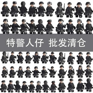 中国军事积木小人仔飞虎特警士兵特种兵警察人偶武器拼装玩具模型