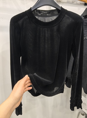 设计感圆领丝绒长袖T恤女早春黑色洋气修身显瘦百搭打底衫上衣