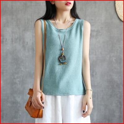Loose Pure Color Lady Art T-Shirt Blouse With Sleeveless Summer Net Vest Cotton Hemp Harness Knitted version of simple retro