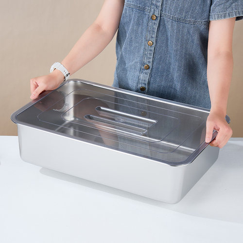 加厚食品级不锈钢平底方盆带透明盖加深长方形大容量商用托盘大号