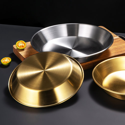 加厚不锈钢圆盘商用披萨盘子平底托盘点心水果盘咖啡厅炸鸡小吃盘