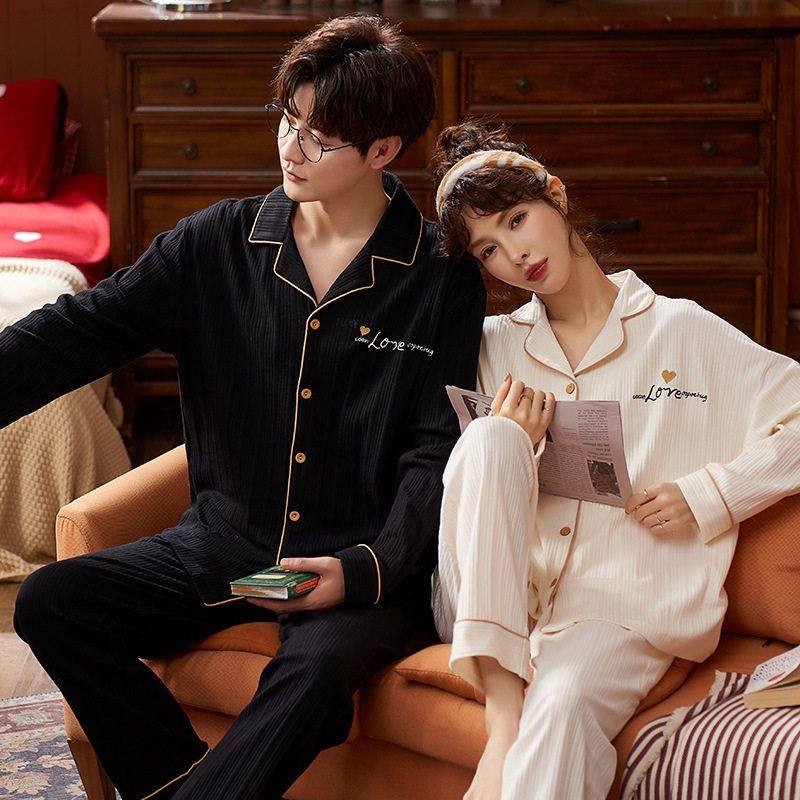 春秋季情侣睡衣长袖棉质可外穿男女士可爱开衫秋冬家居服套装无印