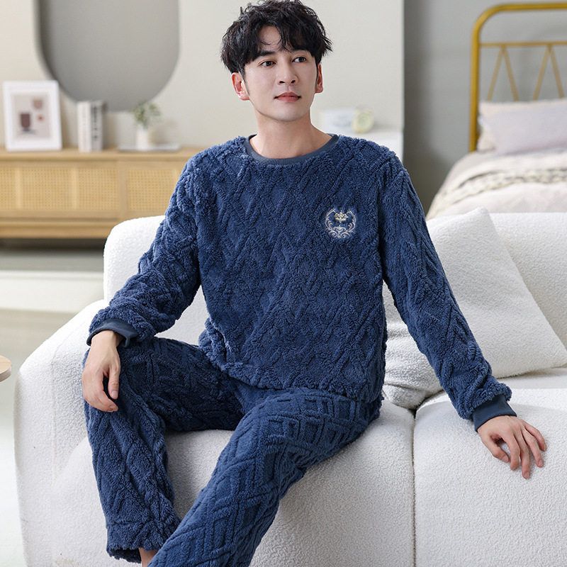 长毛绒睡衣男士秋冬季加厚款青年简约加绒冬天法兰绒家居服两件套