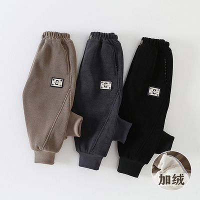儿童薄绒裤子秋冬加绒款男童洋气休闲加绒卫裤宝宝长裤外穿保暖潮