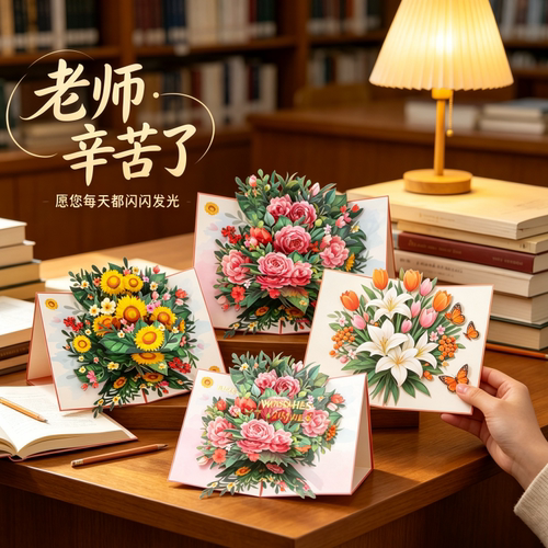 2026新款教师节立体贺卡高级感节日送老师创意祝福3d花束手写卡片