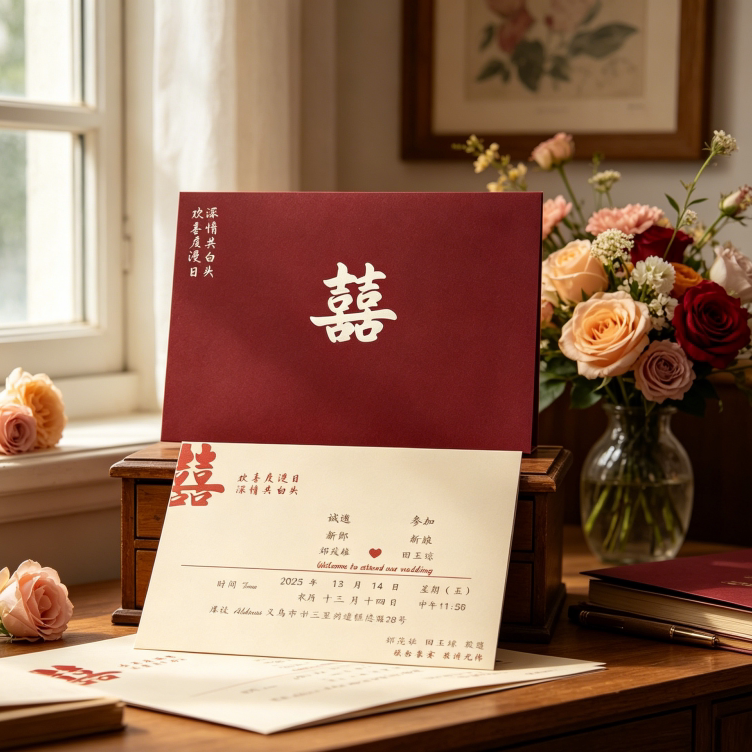 结婚高档定制请帖信封式婚礼请柬喜帖新中式风双囍红色打印邀请函