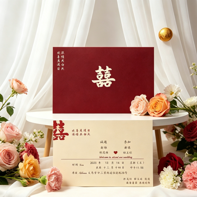婚礼定制请柬请帖结婚高档信封式打印邀请函新中式风双囍红色喜帖