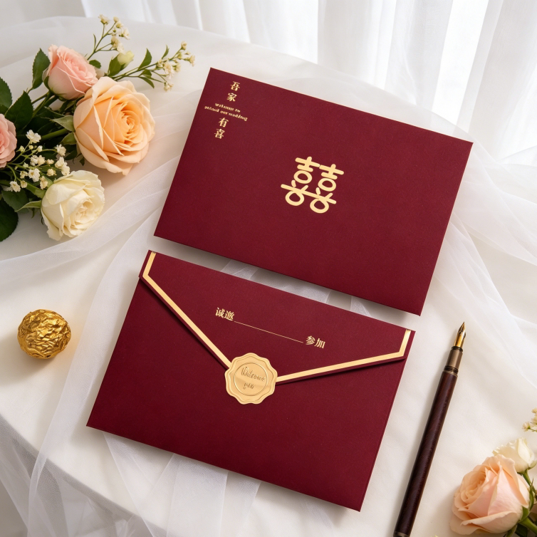 结婚请柬新中式风双囍红色信封式精致请帖婚礼高档定制打印邀请函