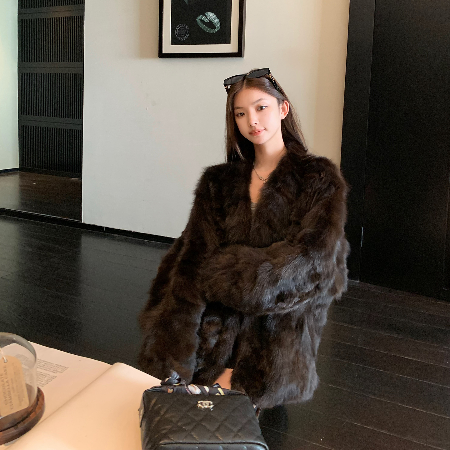 秋小姐紫貂貂皮大衣V领皮草外套