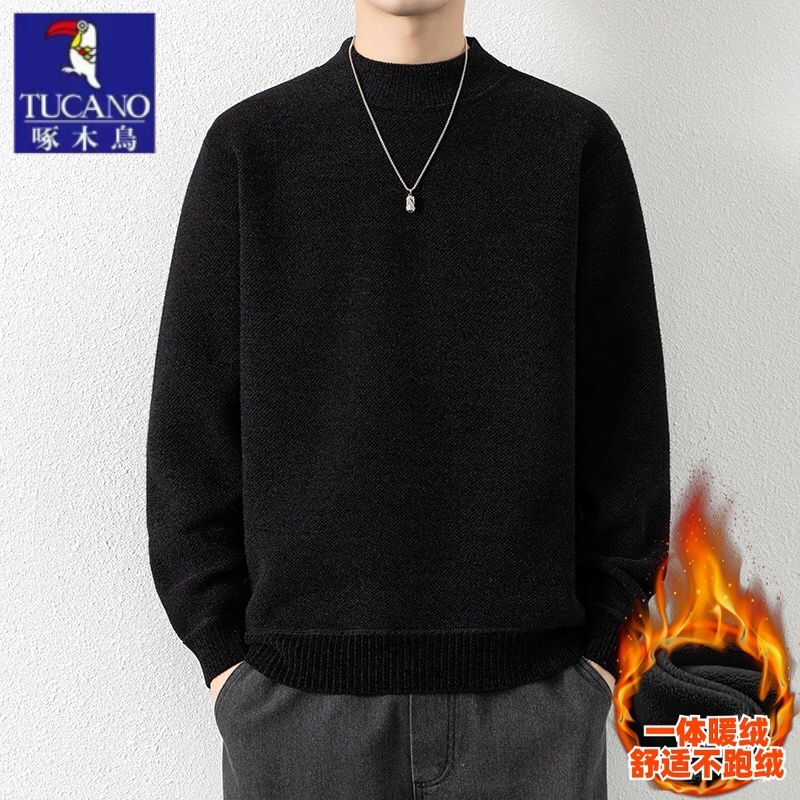啄木鸟半高领一体绒毛衣男2025冬季加新款绒加厚保暖针织衫打底潮