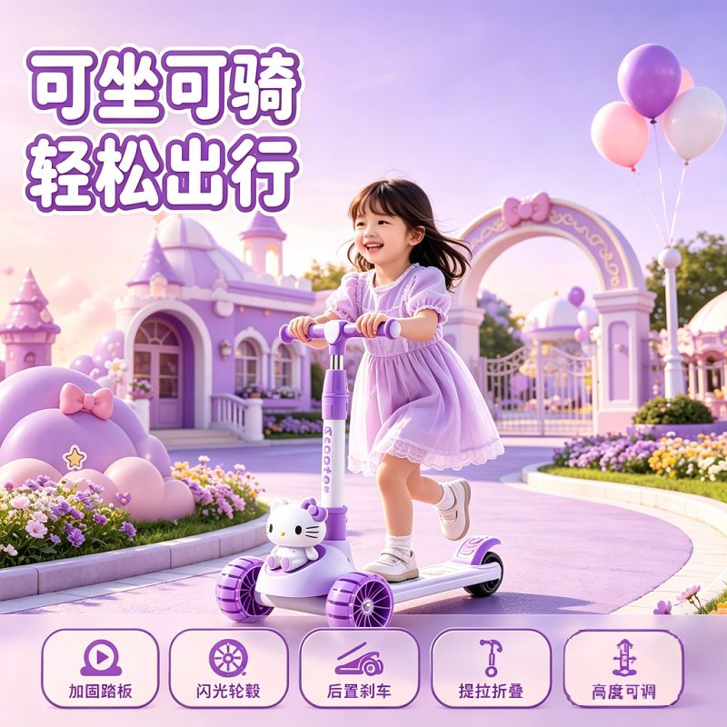 凯蒂猫KT猫滑板车女童儿童6到12岁小孩1-3岁二合一宝宝可坐可转弯