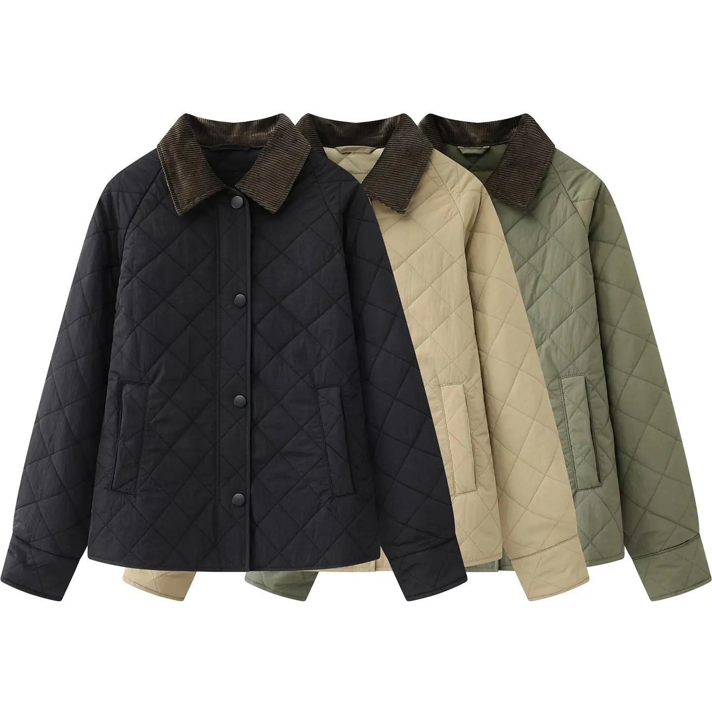 1414183拼色灯芯绒翻领菱格宽松休闲羊毛夹棉外套上衣