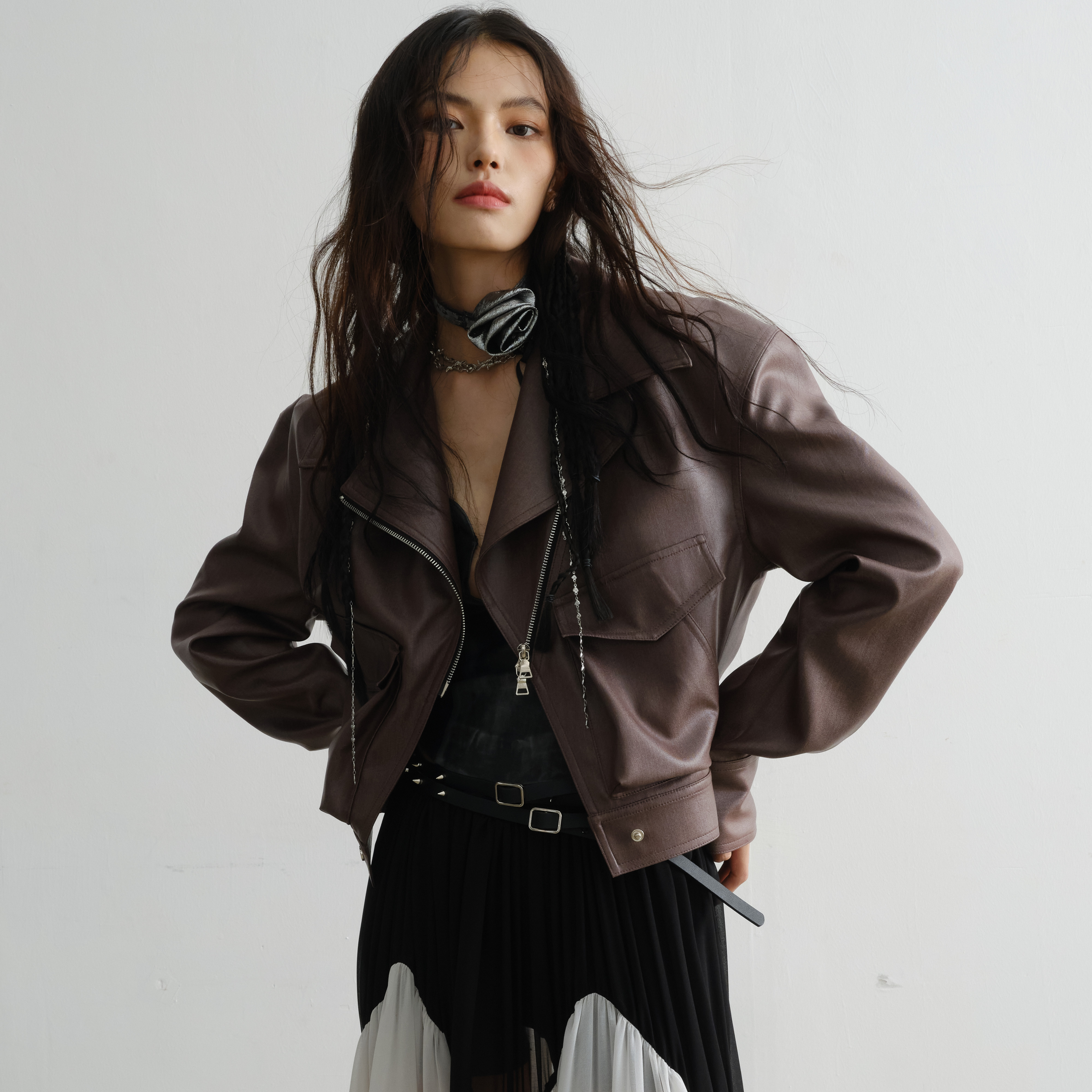 JNYLON复古夹克短PU口袋