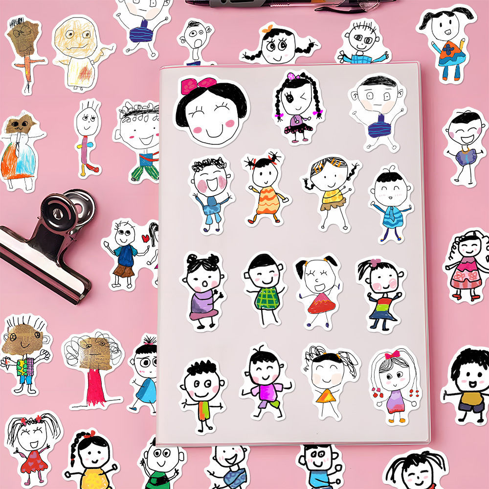 160张幼儿表征记录趣味小人简笔画卡通可爱幼儿园环创贴纸diy防水