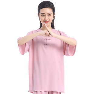 短袖太极服女冰丝太极拳练功服中袖武术表演服装夏季练拳中式衣服