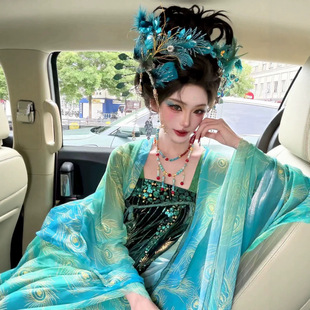 孔雀羽唐风汉服女蓝绿大袖衫重工刺绣诃子裙古风影楼旅拍写真古装