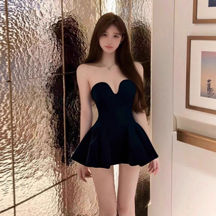 法式 名媛高级感气质黑色小礼服裙女纯欲性感宴会a字抹胸裙TZ7115