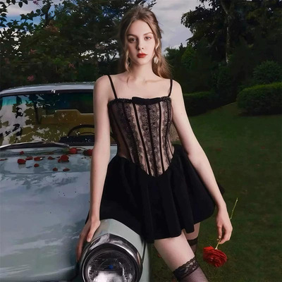 越南小众设计感轻奢女装打底拼接蕾丝礼服裙连衣裙子小个子2198