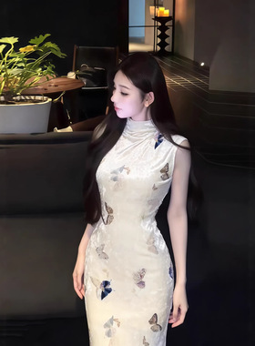 国风丝绒蝴蝶印花改良旗袍裙女设计感修身后绑带开叉连衣裙TZ3557