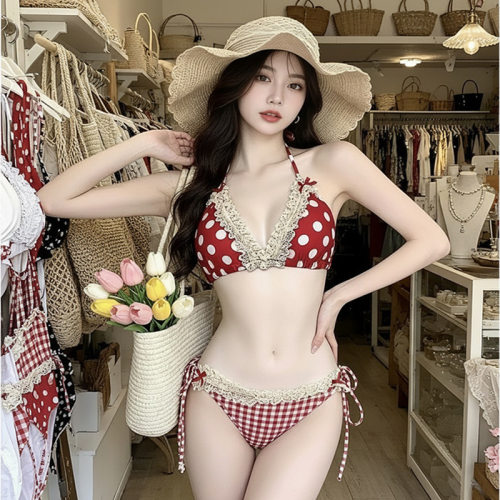 新款夏季性感风波点蕾丝花边蝴蝶结挂脖系带比基尼泳衣女沙滩度假