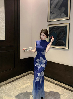 跨境青花瓷花卉印花渐变蓝色连衣裙新中式收腰显瘦长裙子8352