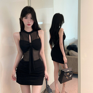 新款 9614棉质拼网纱辣妹纯欲风连衣裙性感包臀短裙酒吧名媛短裙子