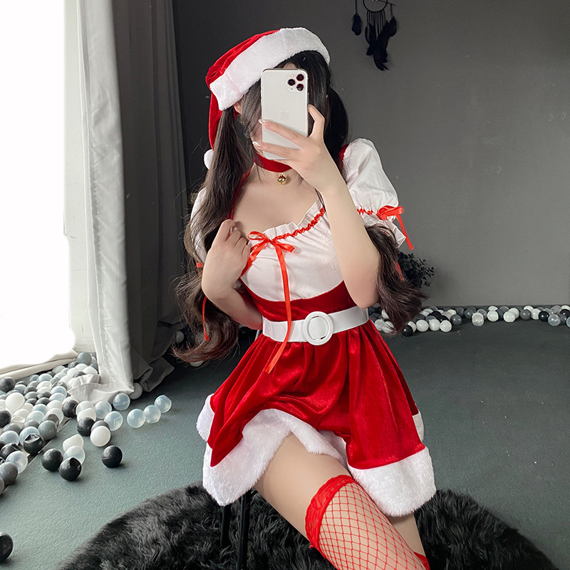 圣诞战袍纯欲风性感红色丝绒带帽演出服派对cos服 现货