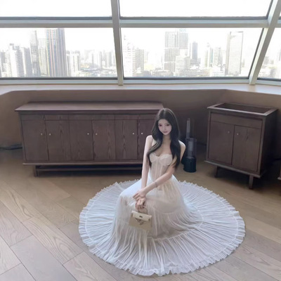 kubiliv爱神降临网纱蕾丝鱼骨吊带抹胸上衣压褶网纱半裙套装