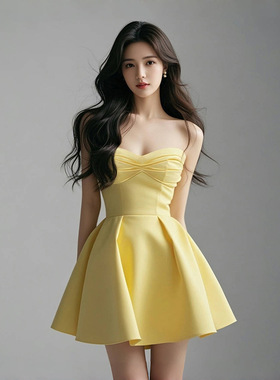 小个子黄色抹胸连衣裙女秋冬小众收腰气质宴会礼服A字短裙TZ4652