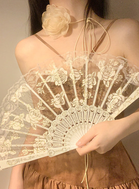 新中式蕾丝玫瑰扇子女夏折扇舞蹈专用古风折叠国风马面裙2026新款
