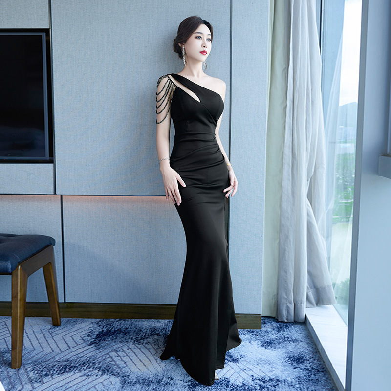跨境外贸女装东南亚港风晚礼服单肩重工订链子高开叉包臀