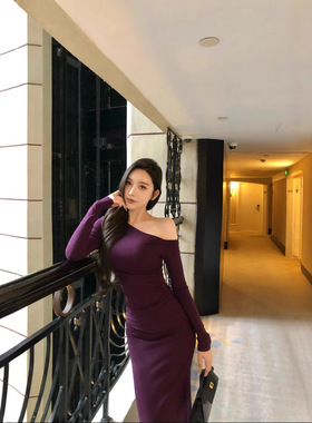 纯欲性感斜肩修身包臀长裙女御姐风时尚气质紫色显白连衣裙TZ7273