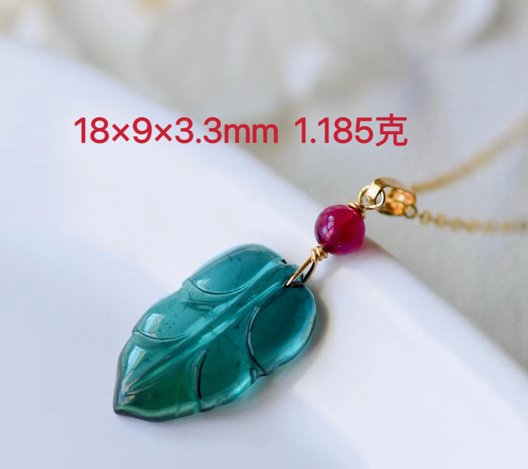 天然蓝碧玺叶子吊坠14k包金镶嵌孔雀蓝碧玺女生日礼物妈妈节礼物