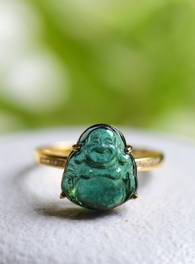 天然蓝碧玺佛公戒指18k金镶嵌碧玺弥勒佛女生日礼物妈妈节礼物