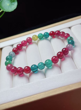 高端彩虹色标碧玺手链老矿油料鸽血红碧玺金丝雀碧玺女生日礼物