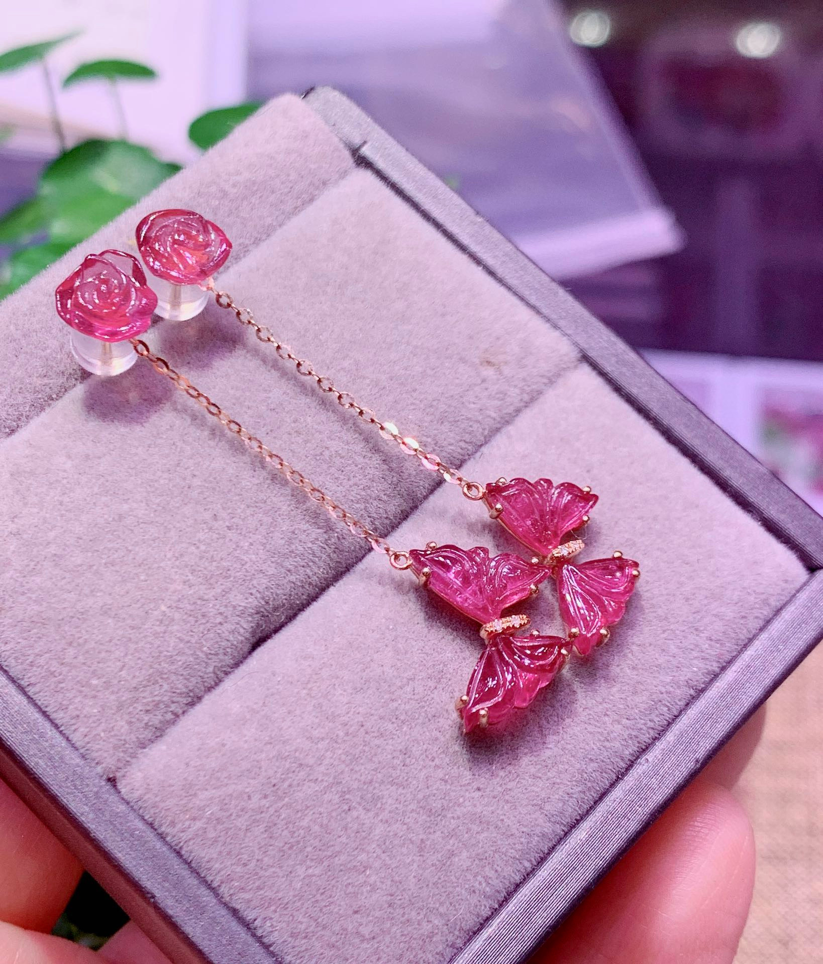 碧玺蝴蝶耳坠耳钉宝石红碧玺18k金镶嵌钻石女生日礼物妈妈节礼物