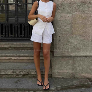 dissh自制法式老钱风白色亚麻无袖西装马甲背心女高级感系带上衣