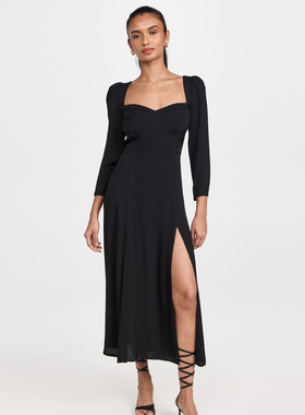 春装女2023年新款连衣裙子refor法式别致高级黑色泡泡袖露背长裙