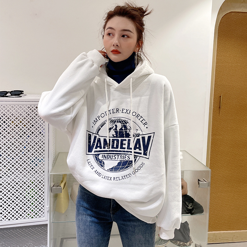 卫衣加绒套头保暖字母印花连帽衫