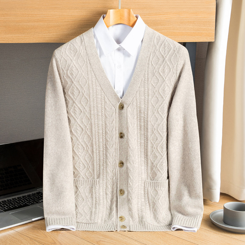 오르도스에서 제작한 가을겨울 캐시미어 100% 가디건 남성 브이넥 솔리드 컬러 아우터 스웨터 캐주얼 스웨터 자켓