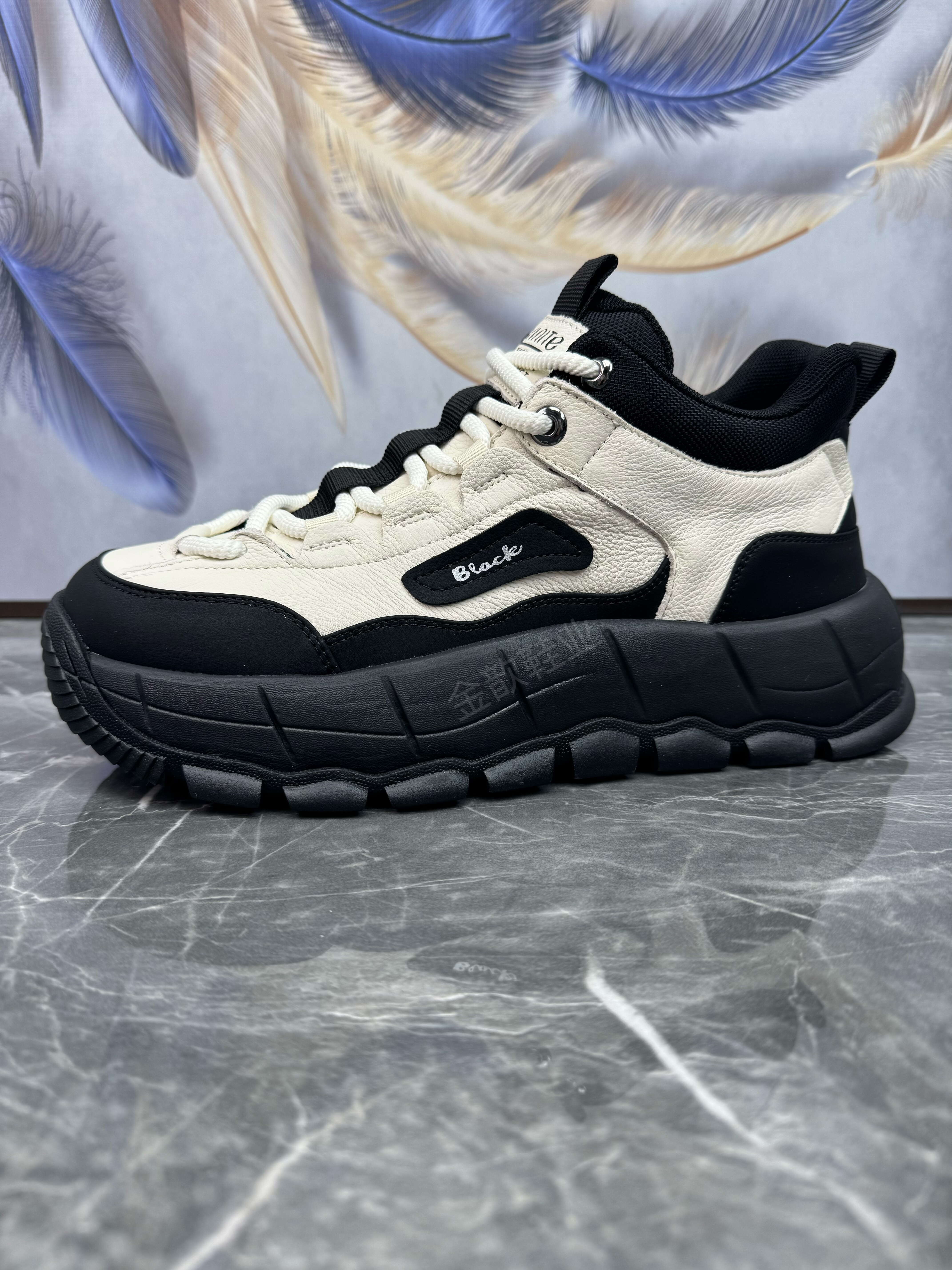 头层牛皮厚底增高拼色休闲老爹鞋