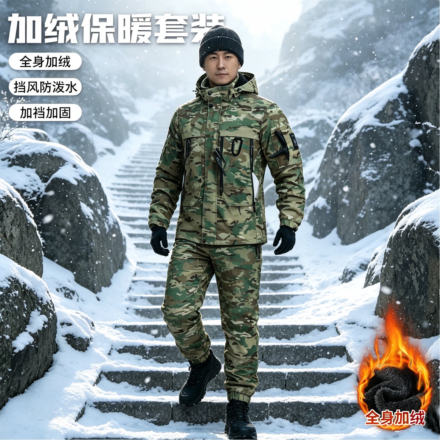 秋冬加绒迷彩服套装男女户外防风防泼水保暖耐磨工装制服登山骑行